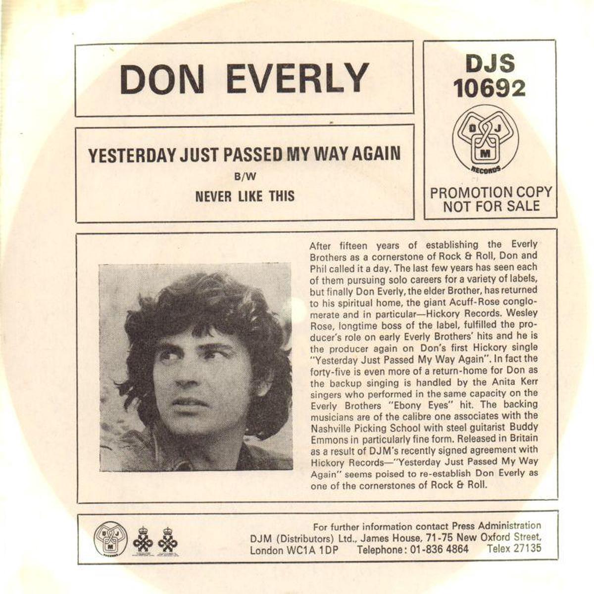Yesterday Just Passed My Way Again-DJM-7  Vinyl P/S-G+/VG