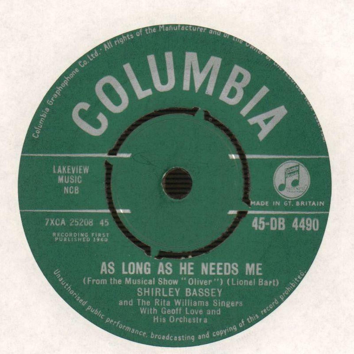 As Long As He Needs Me / So In Love-Columbia-7  Vinyl-VG/VG