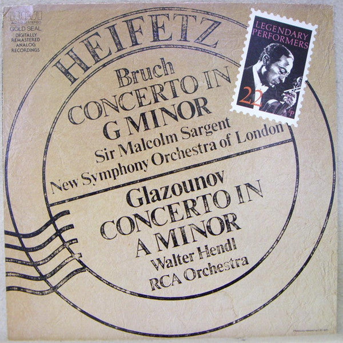 Bruch, Glazunov, Heifetz, New Symphony Orchestra Of London, Sir Malcolm Sargent, Walter Hendl, RCA Orchestra  Concerto In G Minor - Concerto In A Minor (vinyl)
